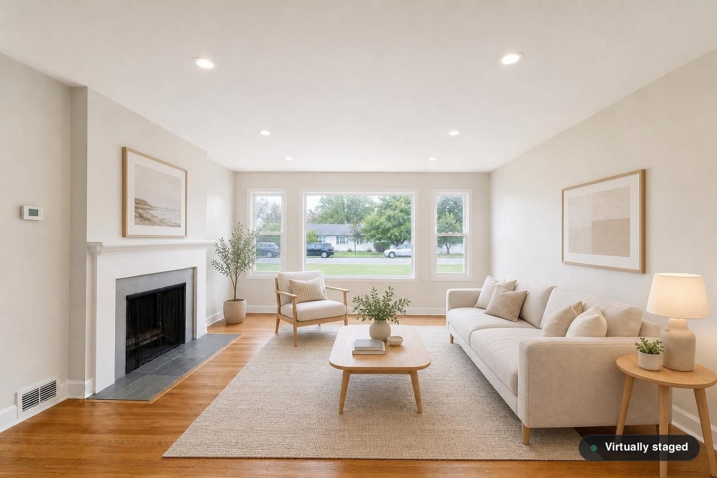 Empty Living room shown before and after virtual staging in a Scandinavian scheme — after