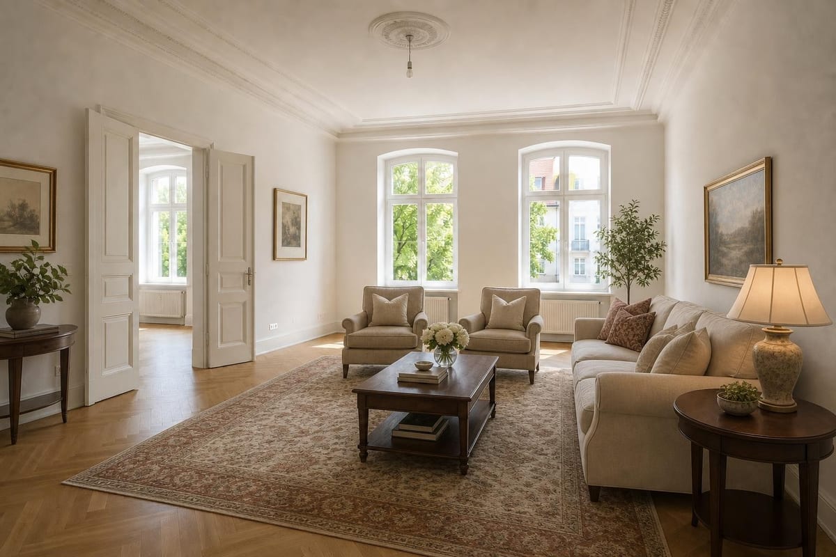 Empty room virtually staged in a Classic Traditional style