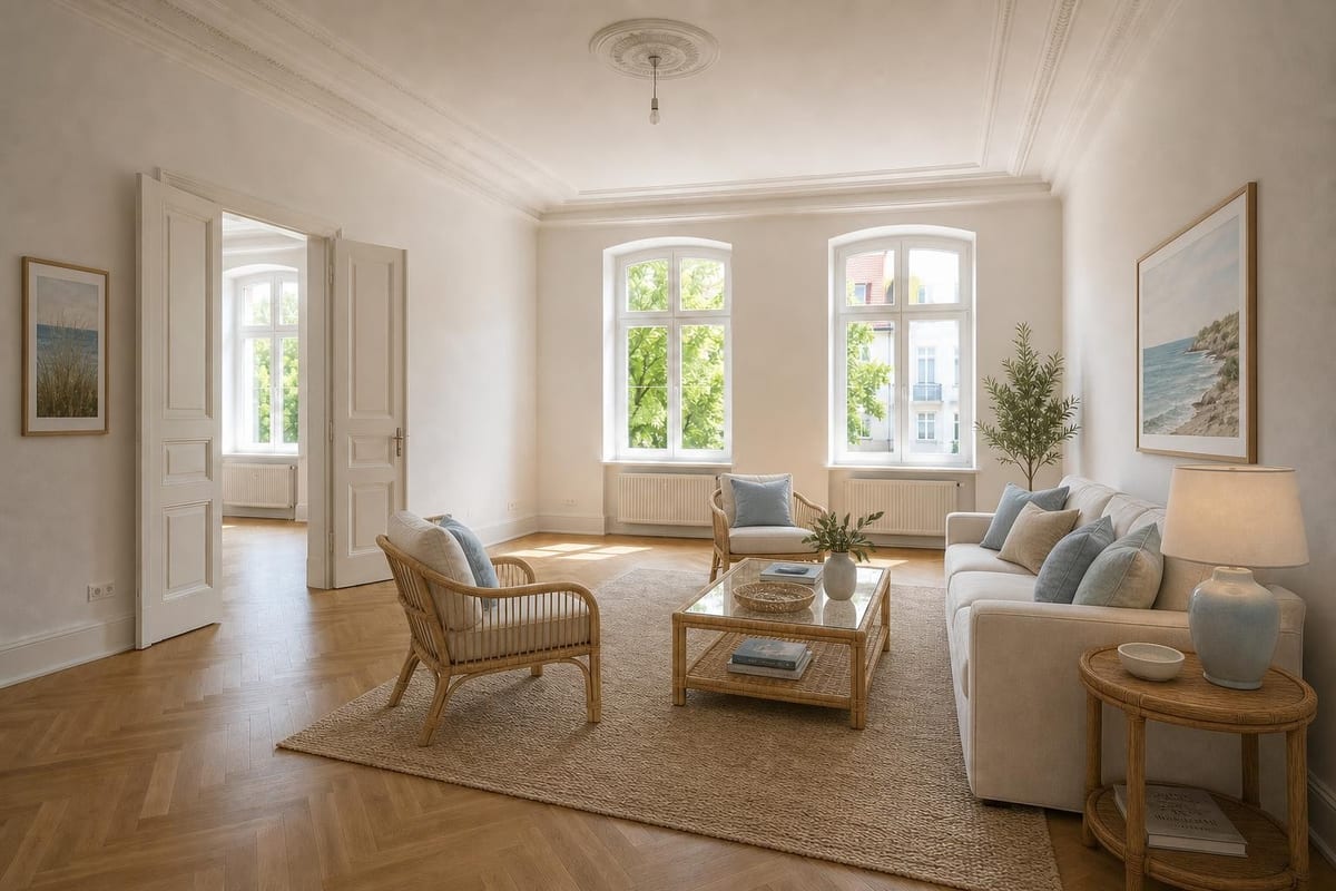 Empty room virtually staged in a Coastal style