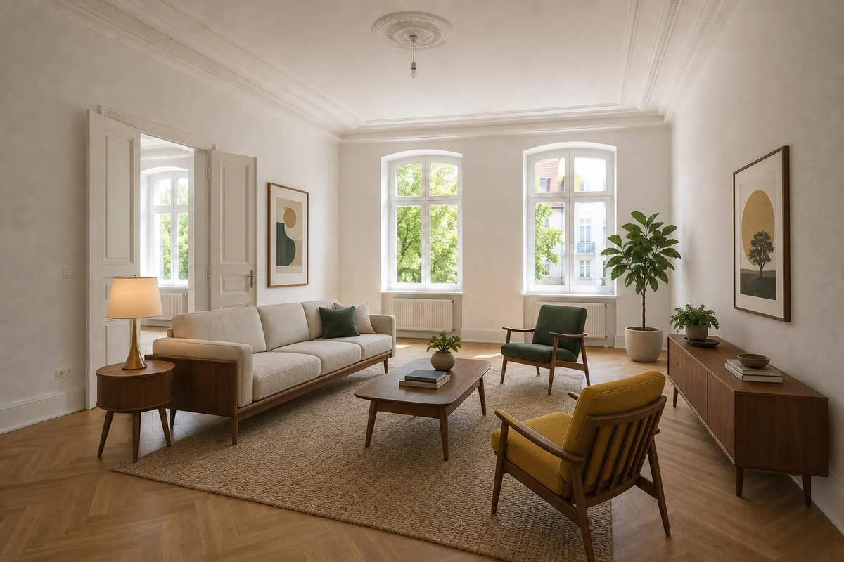 Empty room virtually staged in a Mid-Century style