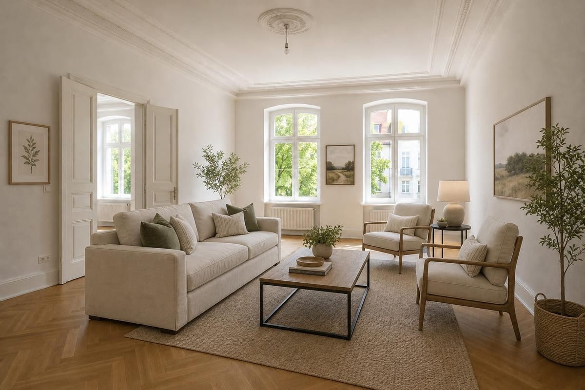 Empty room virtually staged in a Modern Farmhouse style