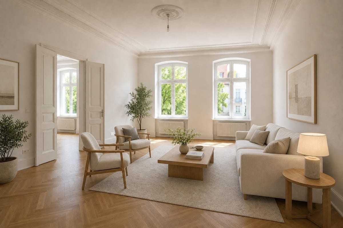 Empty room virtually staged in a Scandinavian style